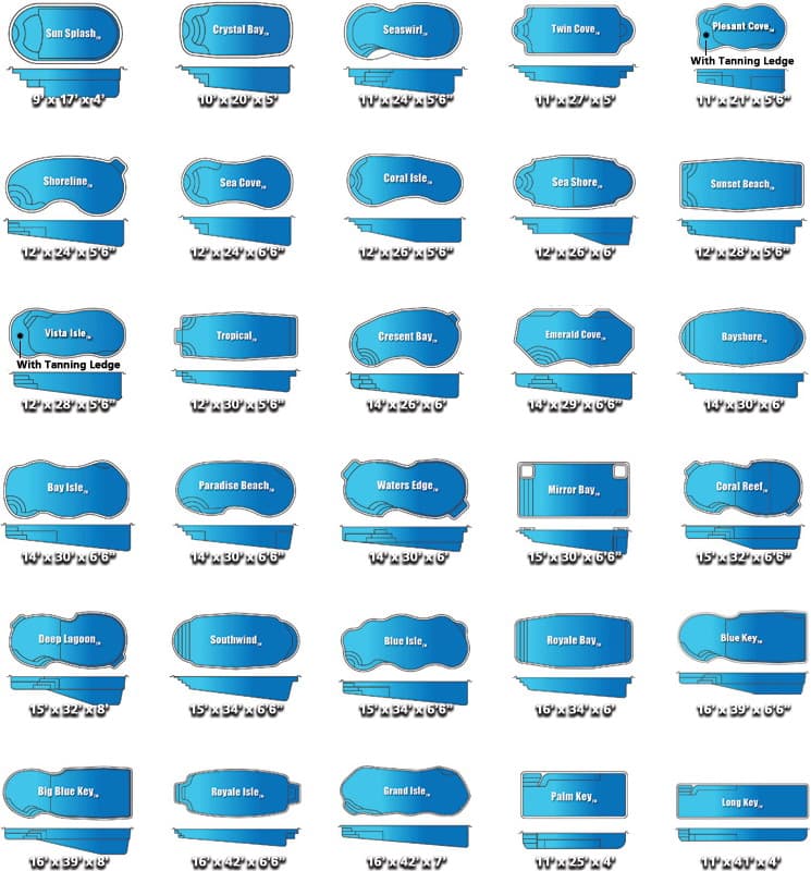 Classic Pools fibreglass pool shape catalogue showing all available designs and dimensions